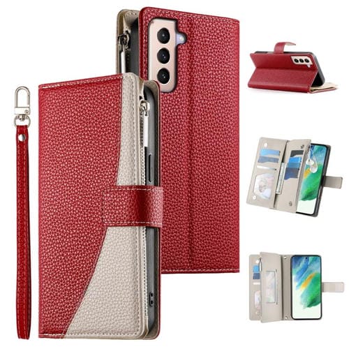 Funda de cuero tipo billetera con cremallera para Samsung Galaxy S21+ 5G, con costuras, múltiples tarjetas y correa corta (roja)