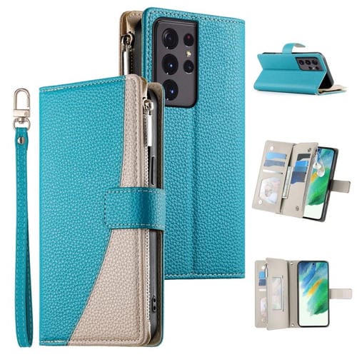 Funda de cuero tipo billetera con cremallera y mĂșltiples tarjetas para Samsung Galaxy S21 Ultra 5G con costuras y correa corta (azul)