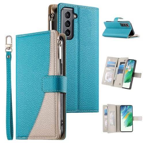Funda de cuero tipo billetera con cremallera y mĂșltiples tarjetas para Samsung Galaxy S21 5G con costuras y correa corta (azul)