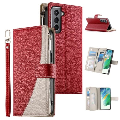 Funda de cuero tipo billetera con cremallera para Samsung Galaxy S21 5G, con costuras, mĂșltiples tarjetas y correa corta (roja)