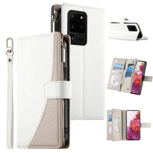 Funda de cuero tipo billetera con cremallera y mĂșltiples tarjetas para Samsung Galaxy S20 Ultra con costuras y correa corta (blanca)