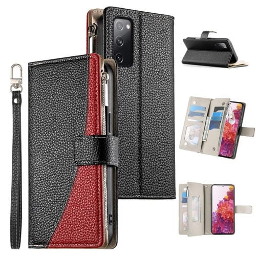 Funda de cuero tipo billetera con cremallera y mĂșltiples tarjetas para Samsung Galaxy S20 FE con costuras y correa corta (negra)