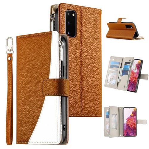 Funda de cuero tipo billetera con cremallera y mĂșltiples tarjetas para Samsung Galaxy S20 con costuras y correa corta (marrĂłn)