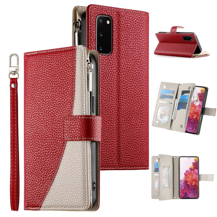 Funda de cuero tipo billetera con cremallera para Samsung Galaxy S20 con costuras y correa corta (roja)