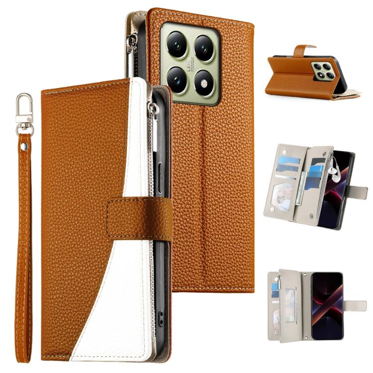 Funda de cuero con cremallera para Xiaomi 14T, con mĂșltiples tarjetas y costuras, con correa corta (marrĂłn)