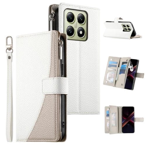 Funda de cuero con cremallera para Xiaomi 14T, con múltiples tarjetas y costuras, con correa corta (blanca)