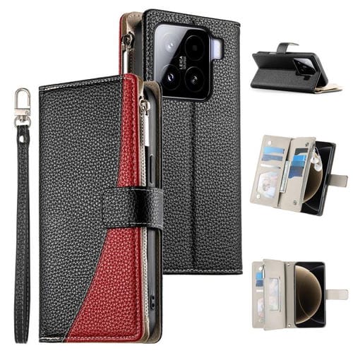 Funda de cuero con cremallera para Xiaomi 15, con múltiples tarjetas y costuras, con correa corta (negra)