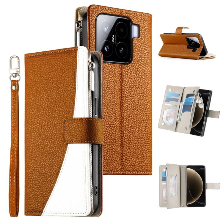 Funda de cuero con cremallera para Xiaomi 15, con mĂșltiples tarjetas y costuras, con correa corta (marrĂłn)