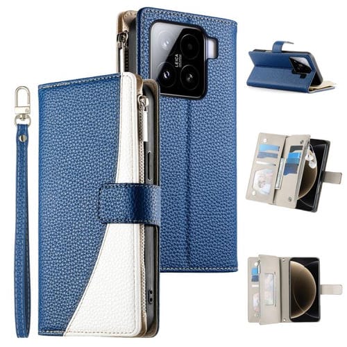 Funda de cuero con cremallera para Xiaomi 15, con múltiples tarjetas y costuras, con correa corta (azul oscuro)