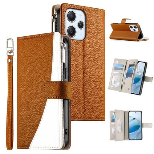 Funda de cuero con cremallera para Redmi 12 4G/5G/Note 12R, con costuras, para múltiples tarjetas y correa corta (marrón)