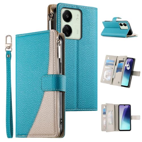 Funda de cuero con cremallera y múltiples tarjetas para Redmi 13C 4G / 5G / 13R / Xiaomi Poco C65 (azul)
