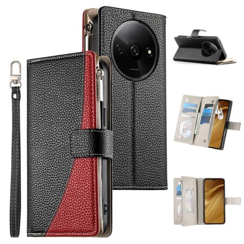 Funda de cuero con cremallera para Redmi A3 y Xiaomi Poco C61, con costuras, para múltiples tarjetas y correa corta (negra)