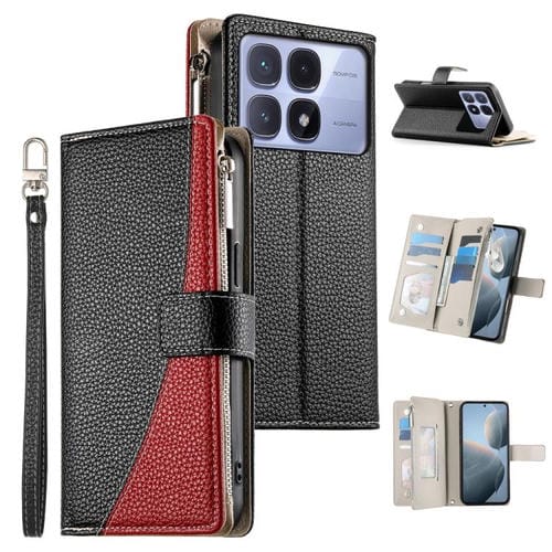 Funda de cuero con cremallera para Redmi K70 Ultra, con mĂșltiples tarjetas y costuras, con correa corta (negra)
