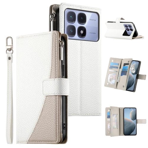 Funda de cuero con cremallera para Redmi K70 Ultra, con mĂșltiples tarjetas y costuras, con correa corta (blanca)