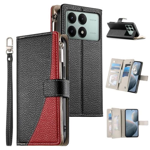 Funda de cuero con cremallera y múltiples tarjetas para Redmi K70E/Xiaomi Poco X6 Pro, con costuras y correa corta (negra)