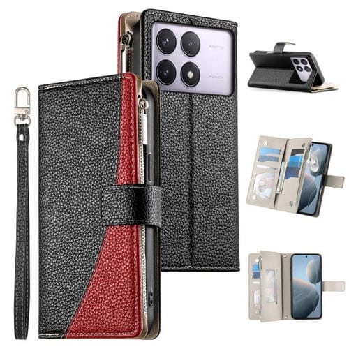 Funda de cuero con cremallera y múltiples tarjetas para Redmi K70 / K70 Pro / Poco F6 Pro, con costuras y correa corta (negra)