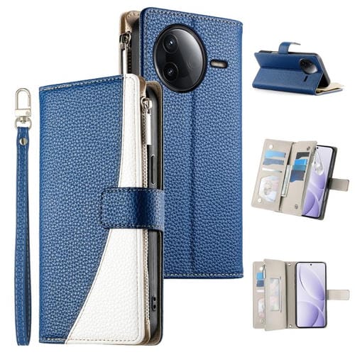 Funda de cuero con cremallera para Redmi K80 / K80 Pro / Poco F7 Pro, con costuras, múltiples tarjetas y correa corta (azul oscuro)