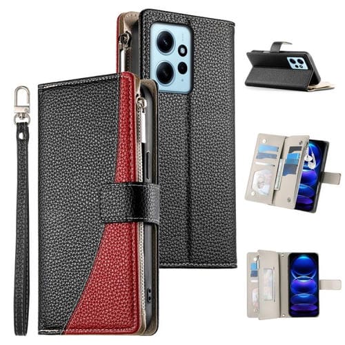 Funda de cuero con cremallera para Redmi Note 12 4G Global / Note 12R Pro, con costuras, para mĂșltiples tarjetas y correa corta (negra)