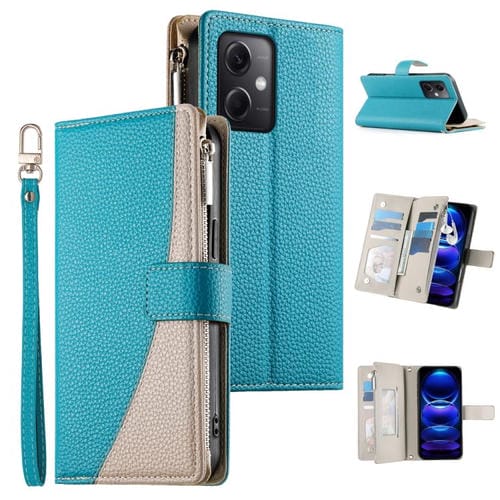Funda de cuero con cremallera para Redmi Note 12 5G Global / Xiaomi Poco X5, con costuras, para múltiples tarjetas y correa corta (azul)