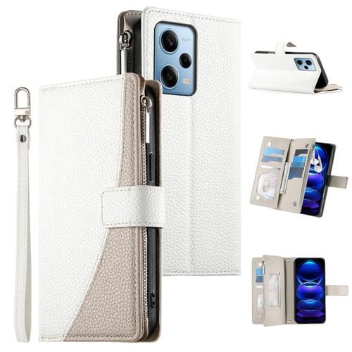 Funda de cuero con cremallera para Redmi Note 12 Pro 5G, con costuras globales, para mĂșltiples tarjetas y correa corta (blanca)