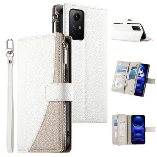Funda de cuero con cremallera para Redmi Note 12S 4G / Note 11 4G, con costuras globales, para mĂșltiples tarjetas y correa corta (blanca)