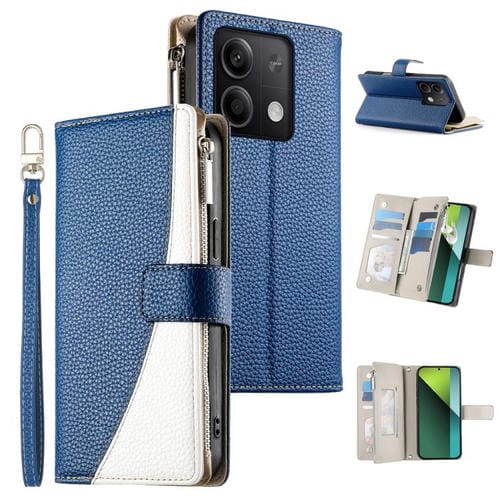 Funda de cuero con cremallera para Redmi Note 13 5G, con costuras globales y múltiples tarjetas, con correa corta (azul oscuro)