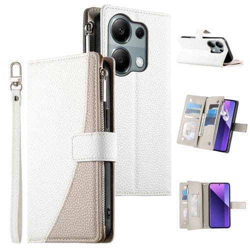 Funda de cuero con cremallera para Redmi Note 13 Pro 4G / Poco M6 Pro, con costuras, para mĂșltiples tarjetas y correa corta (blanca)