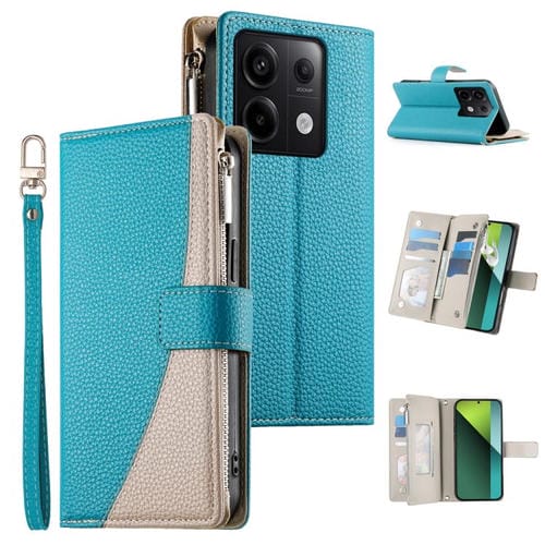 Funda de cuero con cremallera para Redmi Note 13 Pro y Xiaomi Poco X6, con costuras, para múltiples tarjetas y correa corta (azul)