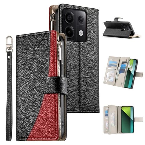 Funda de cuero con cremallera para Redmi Note 13 Pro y Xiaomi Poco X6, con costuras, para múltiples tarjetas y correa corta (negra)