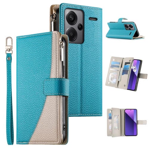 Funda de cuero tipo billetera con cremallera para Redmi Note 13 Pro+, con costuras globales y correa corta (azul)