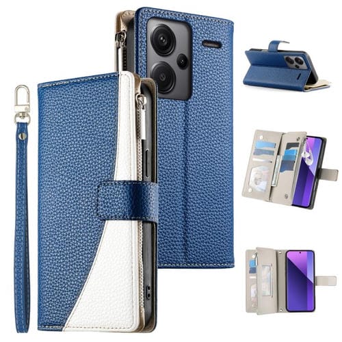 Funda de cuero tipo billetera con cremallera para Redmi Note 13 Pro+, costuras globales, mĂșltiples tarjetas y correa corta (azul oscuro)