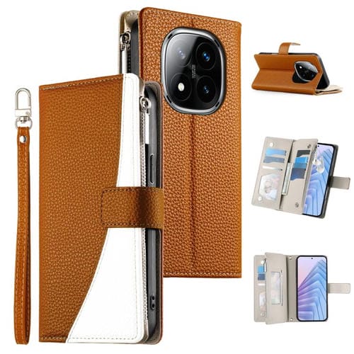 Funda de cuero con cremallera para Redmi Note 14 Pro 4G, con costuras, para múltiples tarjetas y correa corta (marrón)