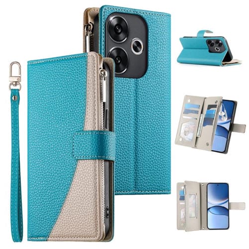 Funda de cuero con cremallera para Redmi Turbo 3 y Xiaomi Poco F6, con costuras, para múltiples tarjetas y correa corta (azul)