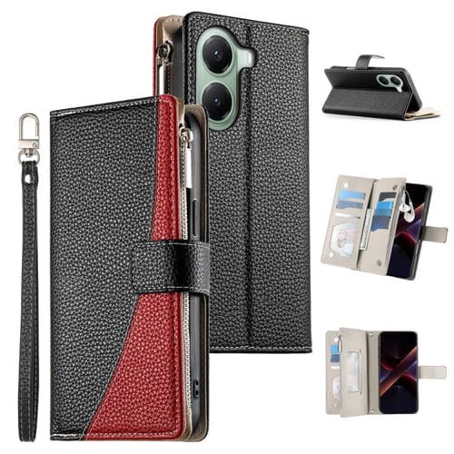 Funda de cuero con cremallera para Redmi Turbo 4 / Xiaomi Poco X7 Pro, con costuras, para múltiples tarjetas y correa corta (negra)