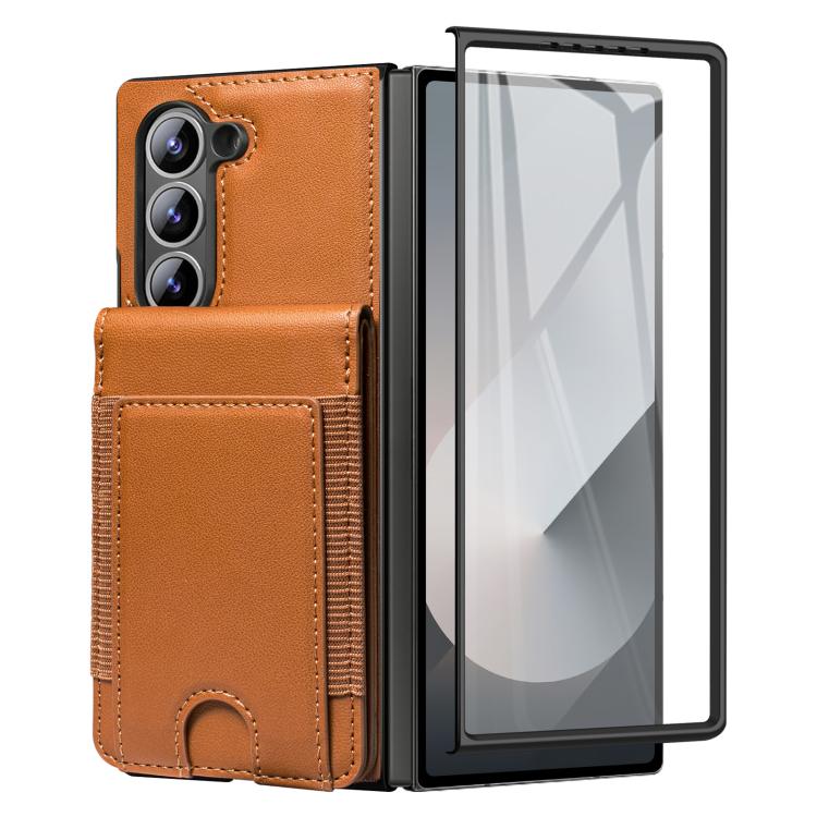 Funda de cuero con película templada integrada para Samsung Galaxy Z Fold6 (marrón)