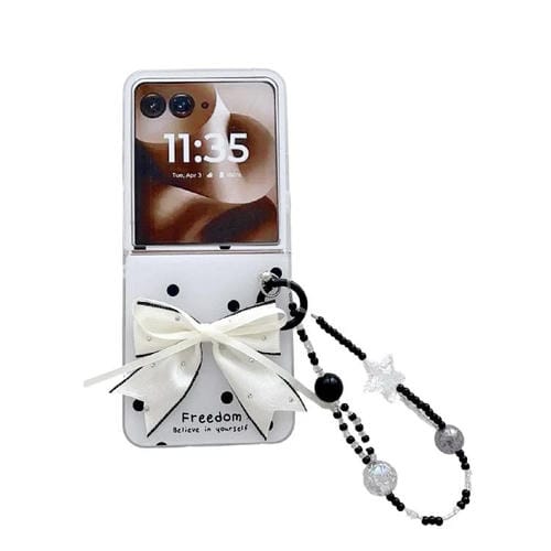 Funda para Motorola Razr 60 Ultra con purpurina y diseño de lunares y lazo (blanca)