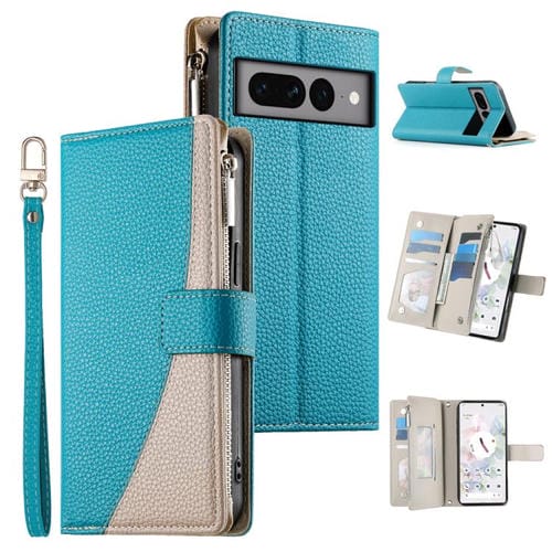Funda de cuero con cremallera para Google Pixel 7 Pro, con múltiples tarjetas y costuras, con correa corta (azul)