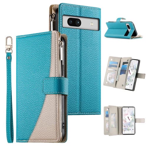 Funda de cuero con cremallera para Google Pixel 7a, con múltiples tarjetas y costuras, con correa corta (azul)