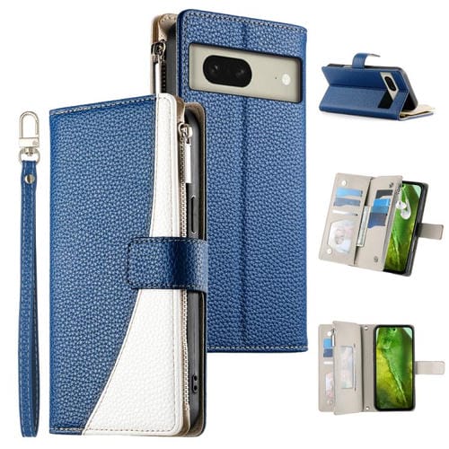 Funda de cuero con cremallera para Google Pixel 8, con múltiples tarjetas y costuras, con correa corta (azul oscuro)