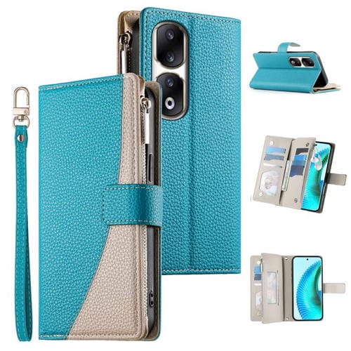 Funda de cuero con cremallera para telĂ©fono Honor 90 Pro, con costuras, mĂșltiples tarjetas y correa corta (azul)