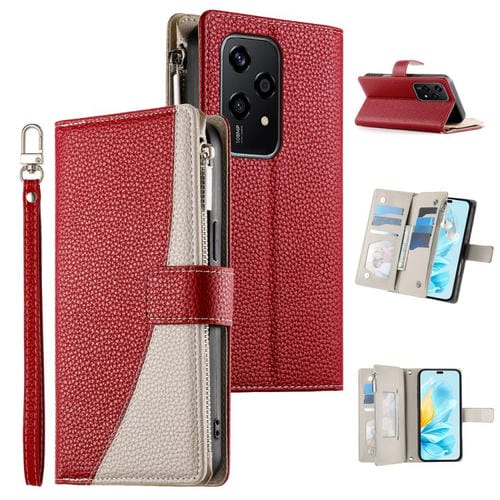Funda de cuero tipo billetera con cremallera para mĂșltiples tarjetas y costuras globales para Honor 200 Lite, con correa corta (roja)