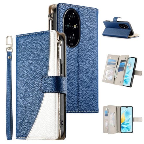 Funda de cuero con cremallera y mĂșltiples tarjetas para Honor 200 Pro, con costuras y correa corta (azul oscuro)