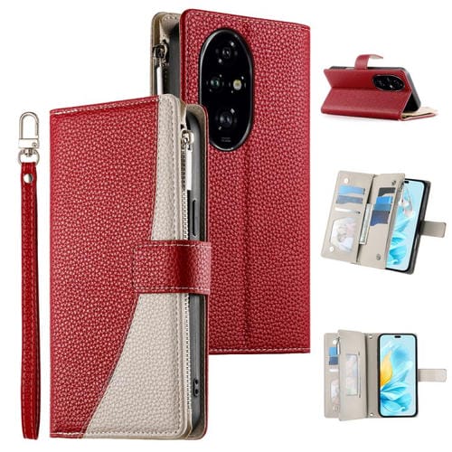 Funda de cuero con cremallera para telĂ©fono Honor 200 Pro, con costuras, mĂșltiples tarjetas y correa corta (roja)