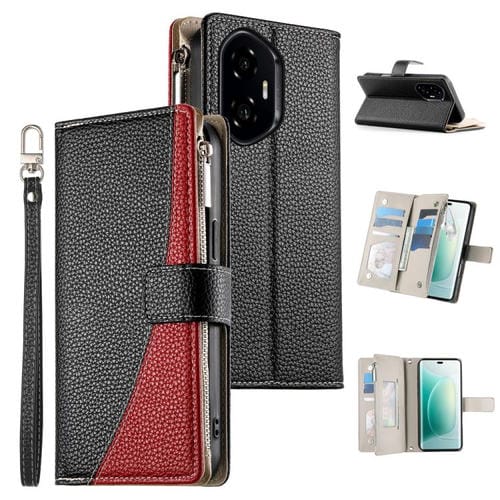 Funda de cuero con cremallera para telĂ©fono con mĂșltiples tarjetas y costuras para Honor 300 (negro)