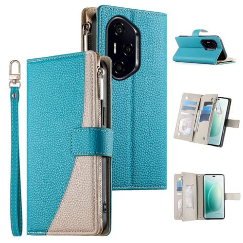 Funda de cuero tipo billetera con cremallera y mĂșltiples tarjetas, con costuras y correa corta para Honor 300 Pro/Honor 300 Ultra (azul)