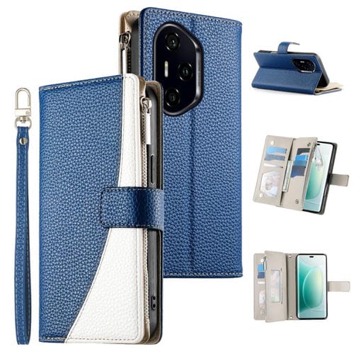 Funda de cuero tipo billetera con cremallera y mĂșltiples tarjetas, con costuras y correa corta para Honor 300 Pro/Honor 300 Ultra (azul oscuro)