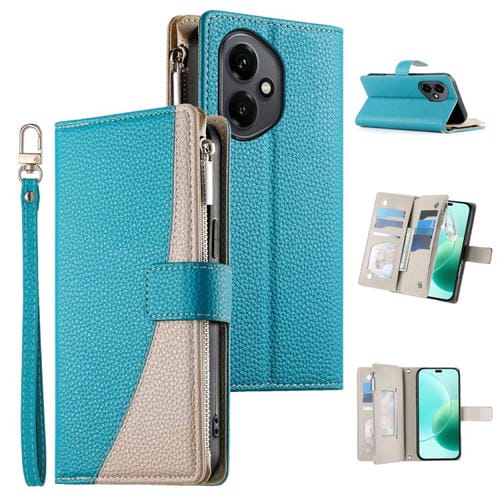 Funda de cuero con cremallera y mĂșltiples tarjetas para Honor 400 Global (156,5 mm) con costuras y correa corta (azul)