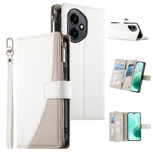 Funda de cuero tipo billetera con cremallera y múltiples tarjetas para Honor 400 Global (156,5 mm) con costuras y correa corta (blanco)