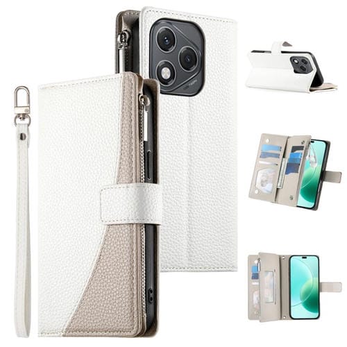 Funda de cuero tipo billetera con cremallera y mĂșltiples tarjetas, con costuras globales y correa corta para Honor 400 Lite (blanca)