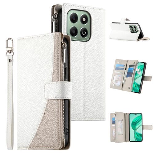 Funda de cuero tipo billetera con cremallera y mĂșltiples tarjetas, con costuras y correa corta para Honor X6a/Honor X6b 4G (blanco)
